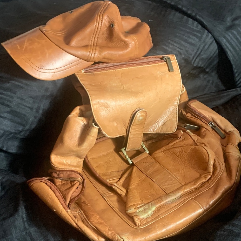 Tan Leather Backpack and Cap Set